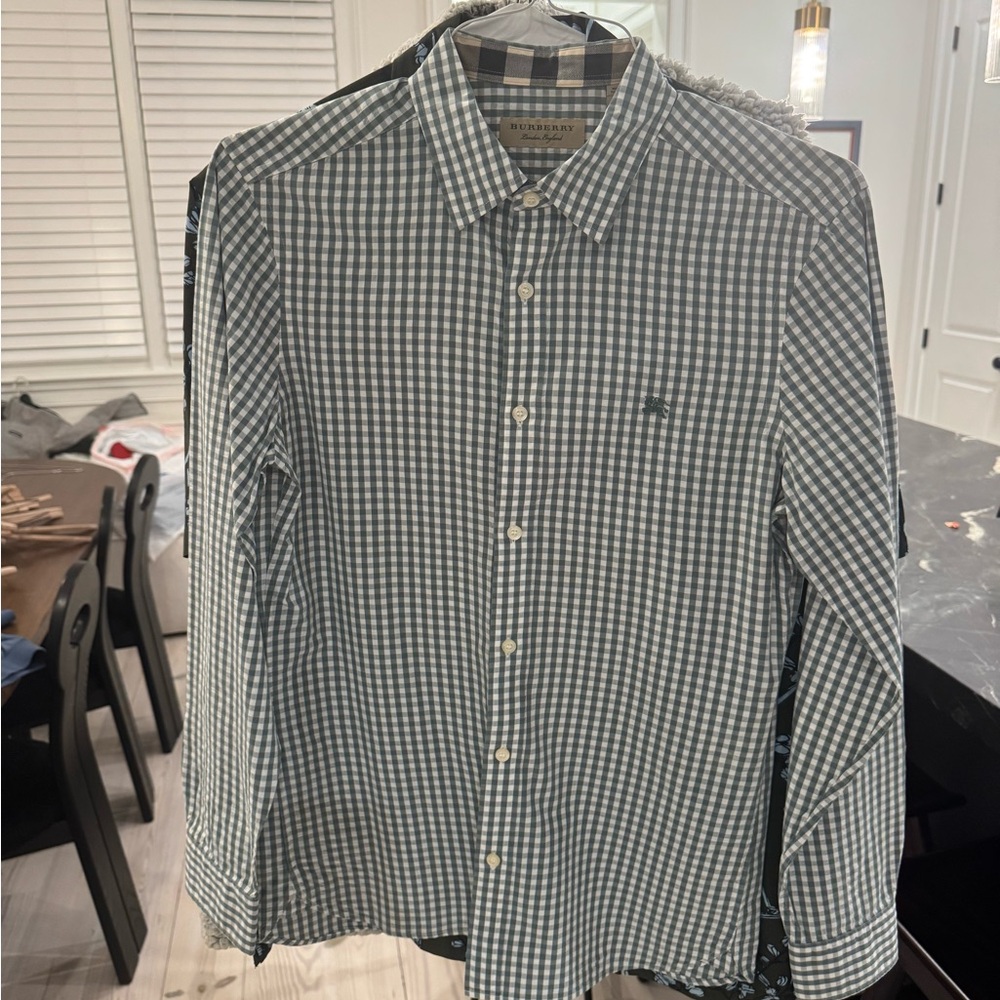 Burberry Men's Blue/green and White Checkered Shirt